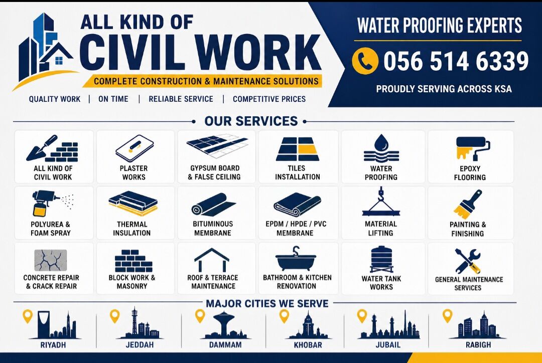 Rabigh, Construction, All Kind Of Civil Work | Plaster | GYPSUM Board | Tiles | Water Proofing |Material Lifting