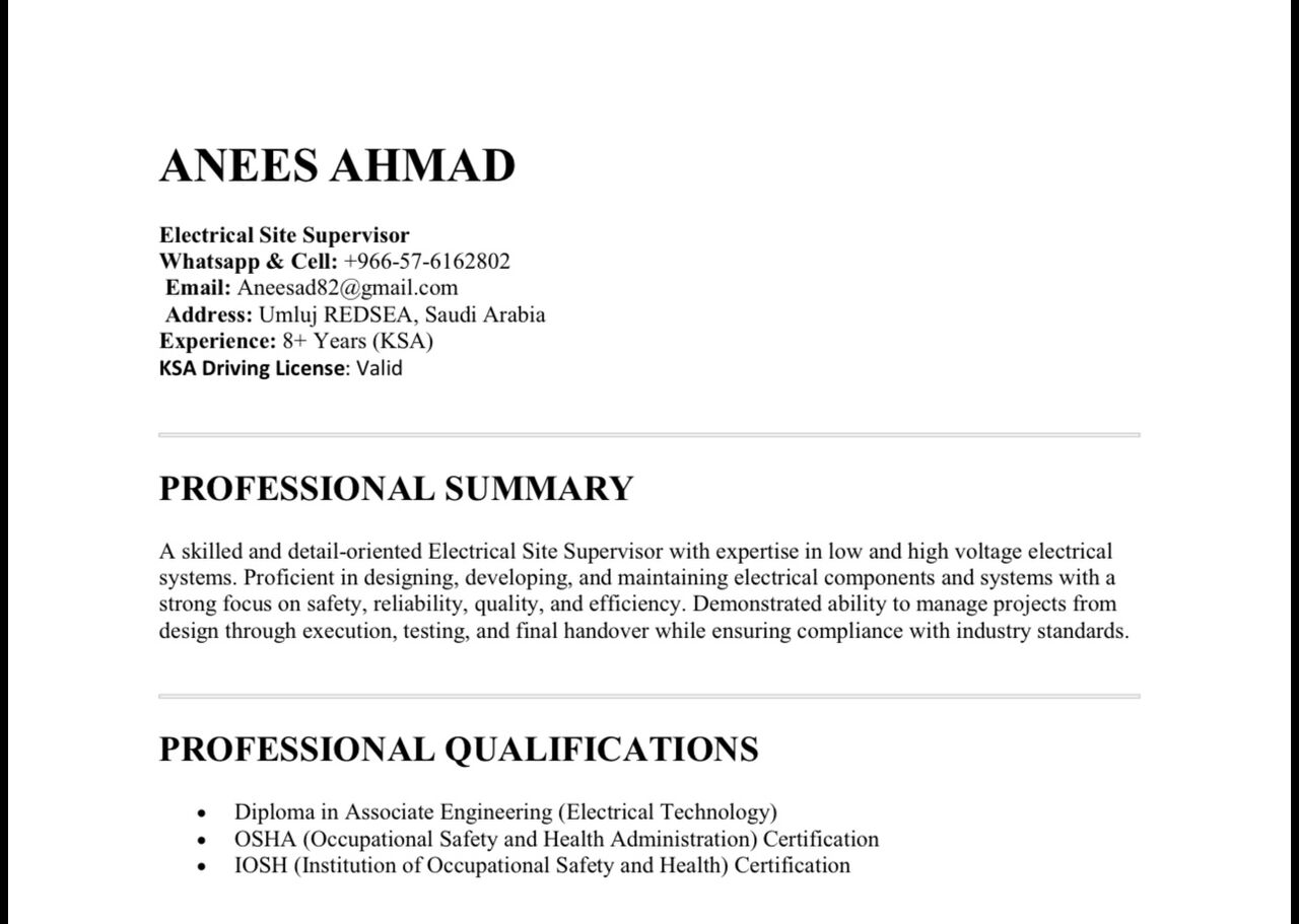 Riyadh, Job Seekers, Electrical Supervisor/Foreman