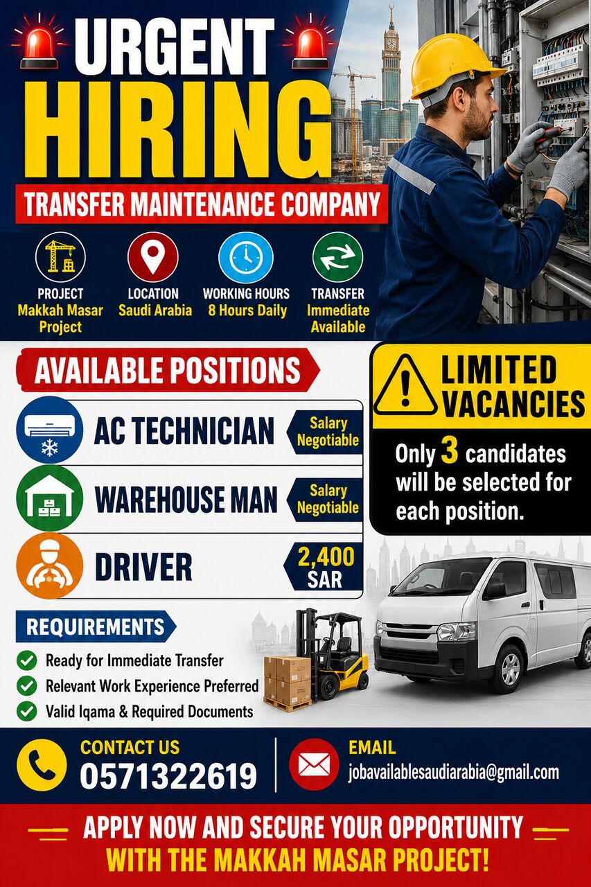 Riyadh, Jobs, URGENT HIRING &ndash; TRANSFER MAINTENANCE COMPANY