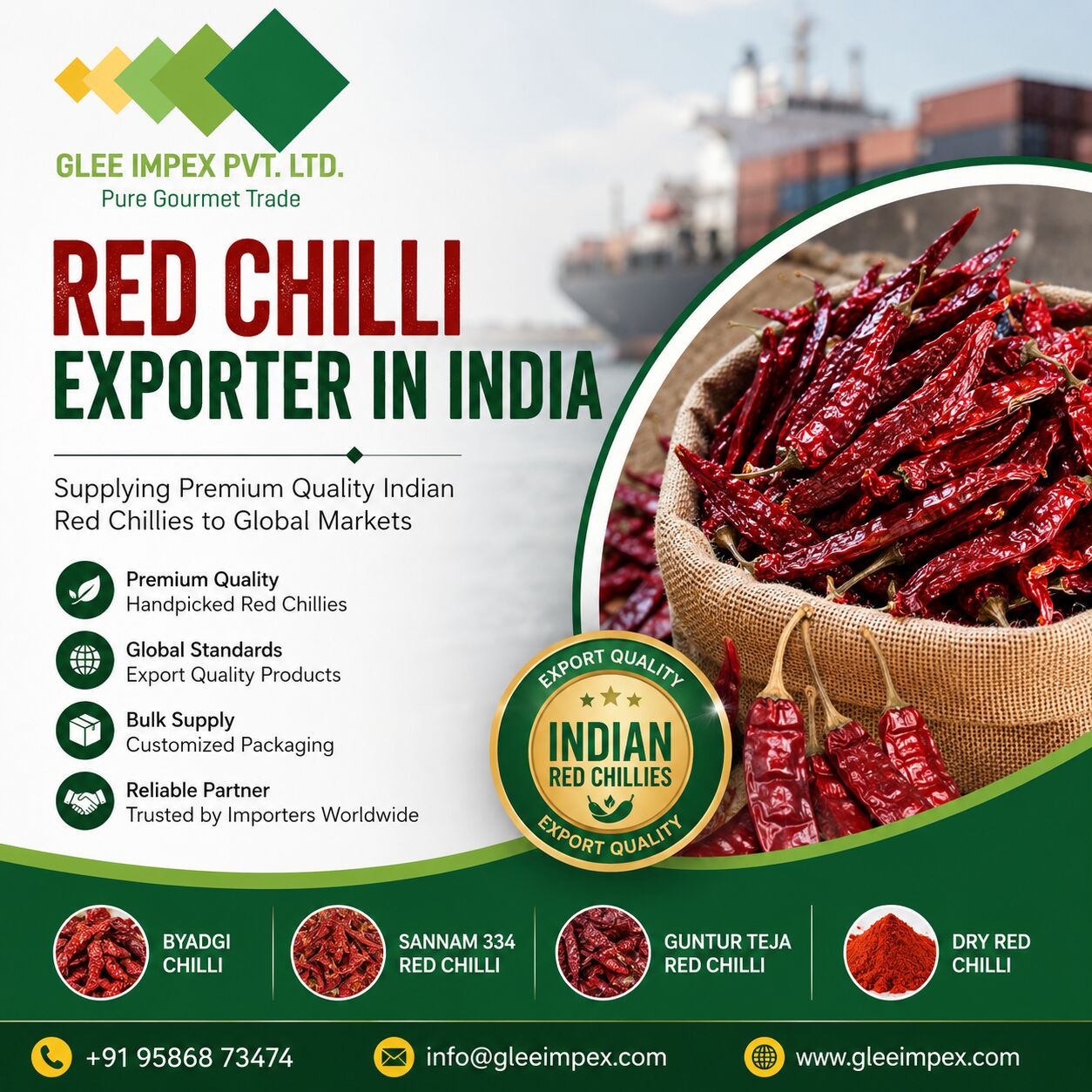 Mumbai, Food, Bulk Red Chilli Supplier India -- GLEE IMPEX
