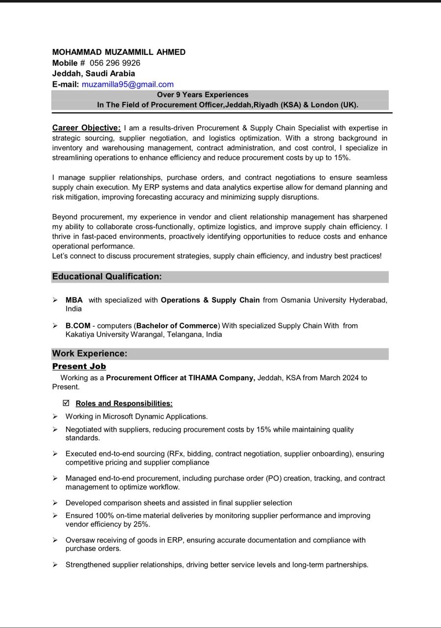 Dammam, Job Seekers, Purchasing Officer | Looking For Job | Immediately Joining