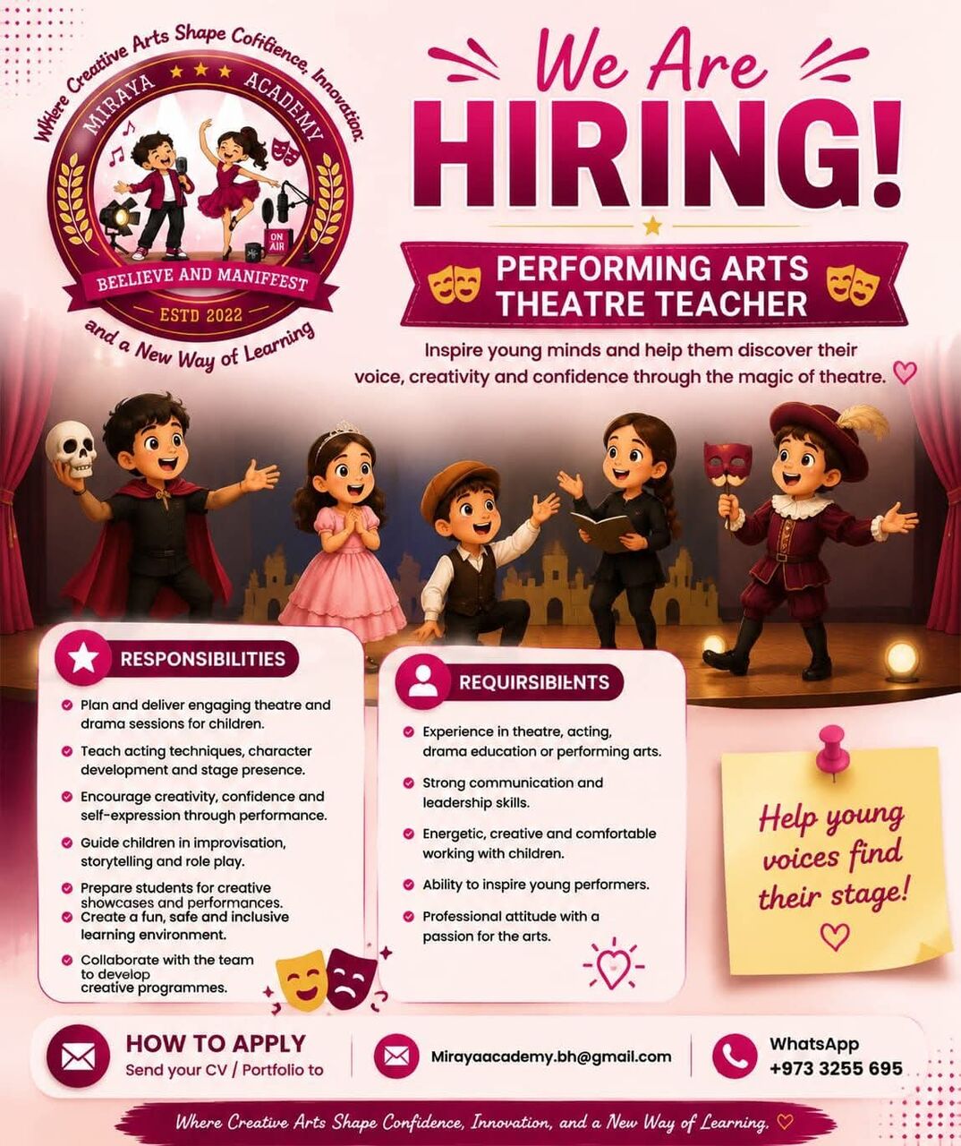 Manama, Jobs, Performing Arts Theatre Teacher