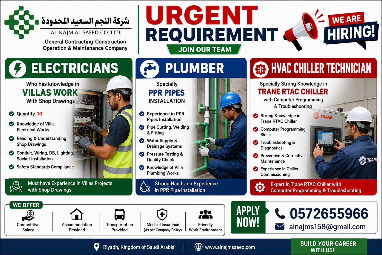 Riyadh, Jobs, 🚨 URGENT REQUIREMENT – WE ARE HIRING  AL NAJM AL SAEED CO. LTD. General Contracting
