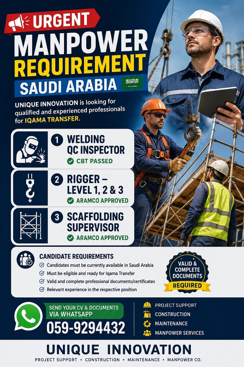 Dammam, Jobs, 🚨 URGENT MANPOWER REQUIREMENT – SAUDI ARABIA 🚨