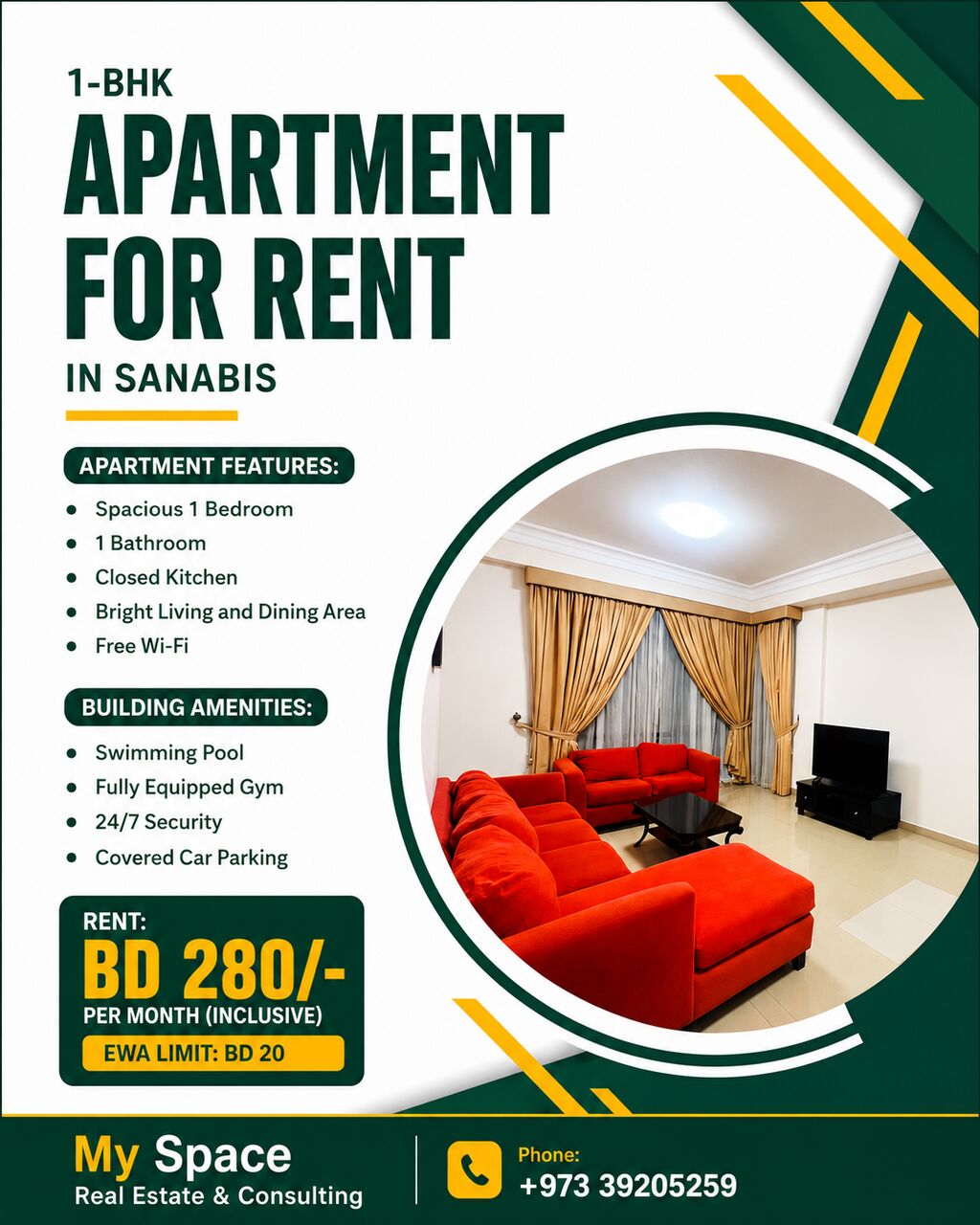 Sanabis, Apartments, Flats, Houses & Villas, BHD 280/month,  Furnished,  1 BR,  Apartment For Rent In Sanabis | Pool & Gym