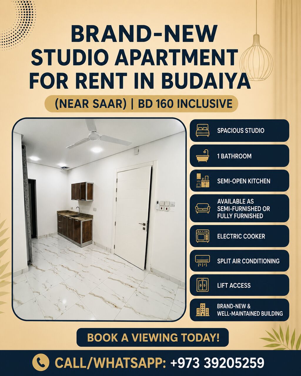 Budaiya, Apartments, Flats, Houses & Villas, BHD 160/month,  Furnished,  Studio,  Brand-New Studio Apartment For Rent In Budaiya (Near Saar)