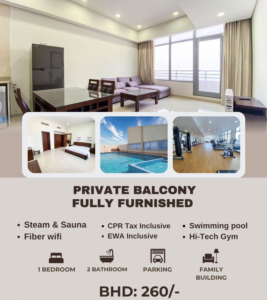 Juffair, Apartments, Flats, Houses & Villas, BHD 260/month,  Furnished,  1 BR,  █ ⭐  (From BD.260/- To BD.300/-) Collection Of Modern & New Apartments All Over Bahrain