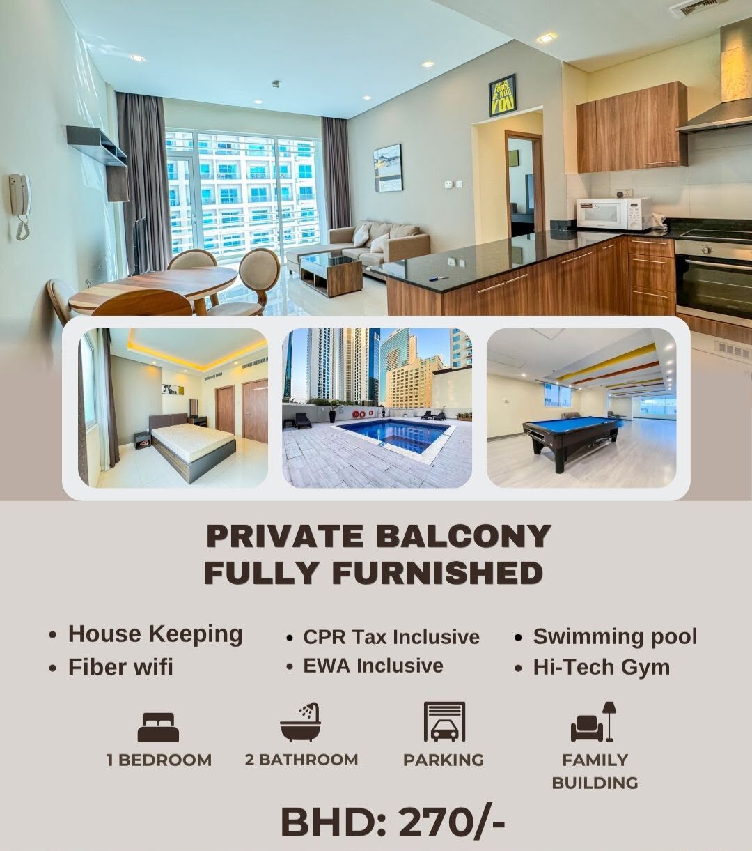 Juffair, Apartments, Flats, Houses & Villas, BHD 260/month,  Furnished,  1 BR,  █ ⭐  (From BD.260/- To BD.300/-) Collection Of Modern & New Apartments All Over Bahrain