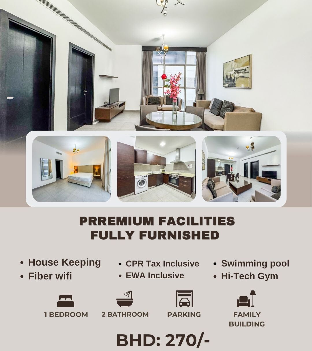 Juffair, Apartments, Flats, Houses & Villas, BHD 260/month,  Furnished,  1 BR,  █ ⭐  (From BD.260/- To BD.300/-) Collection Of Modern & New Apartments All Over Bahrain
