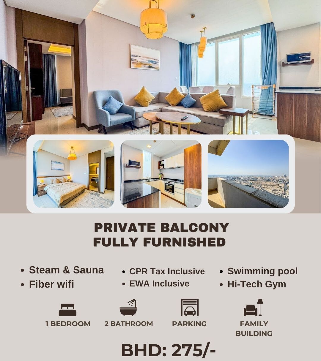 Juffair, Apartments, Flats, Houses & Villas, BHD 260/month,  Furnished,  1 BR,  █ ⭐  (From BD.260/- To BD.300/-) Collection Of Modern & New Apartments All Over Bahrain