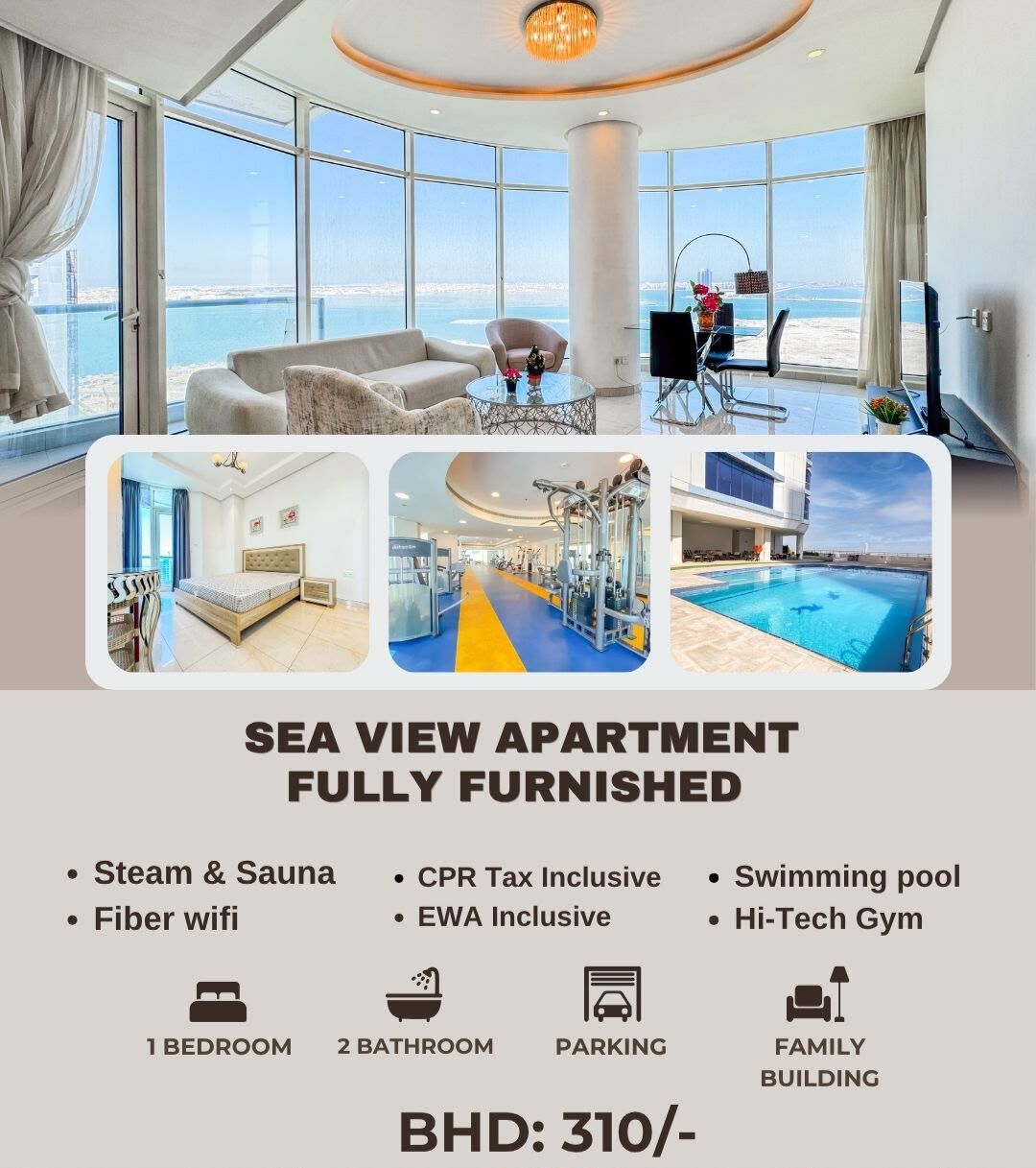Juffair, Apartments, Flats, Houses & Villas, BHD 260/month,  Furnished,  1 BR,  █ ⭐  (From BD.260/- To BD.300/-) Collection Of Modern & New Apartments All Over Bahrain