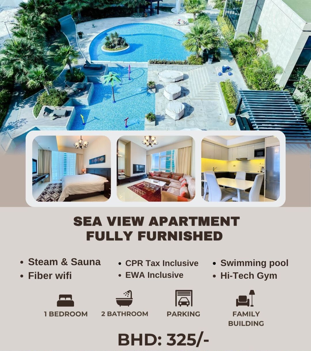 Juffair, Apartments, Flats, Houses & Villas, BHD 260/month,  Furnished,  1 BR,  █ ⭐  (From BD.260/- To BD.300/-) Collection Of Modern & New Apartments All Over Bahrain