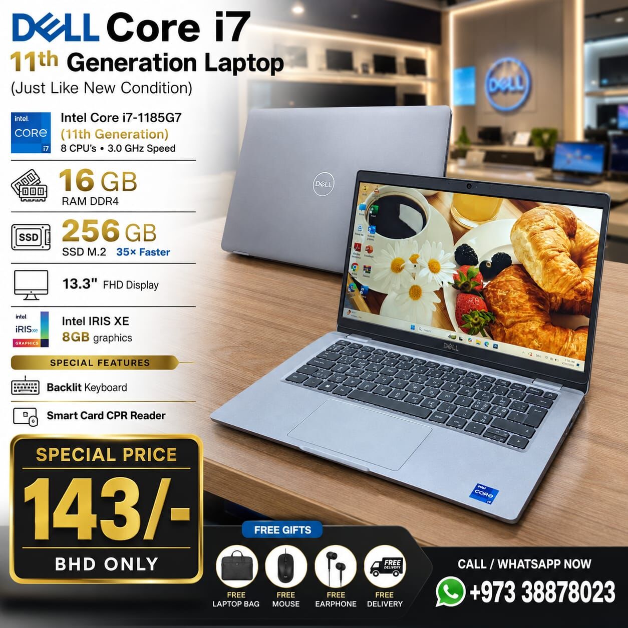 Manama, Tablet Computers, BHD 143,  DELL 11th Gen Core I7 Laptop Just Like New Condition 16GB RAM 13.3" FHD Display FREE GIFTS