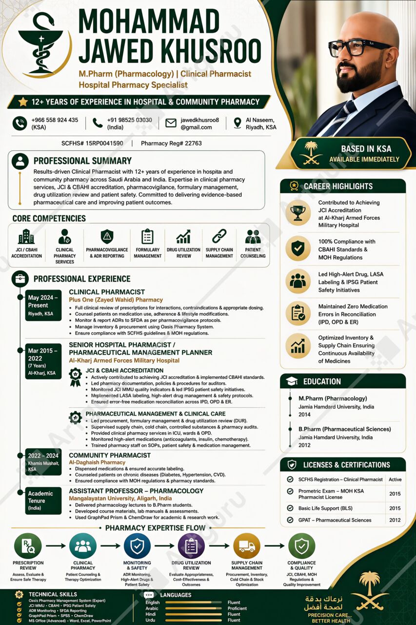 Riyadh, Job Seekers, Pharmacist With 12 Years Of Experience