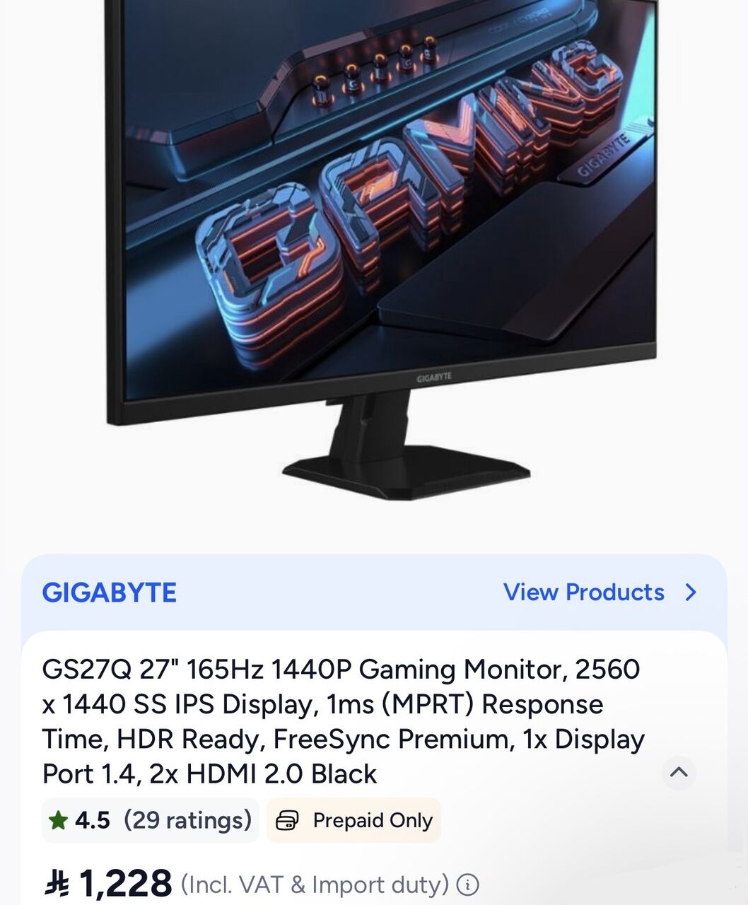 Riyadh, Computers, SAR 799,  Brand New Gigabyte Gaming Monitor 2K 27 Inches Curved Screen