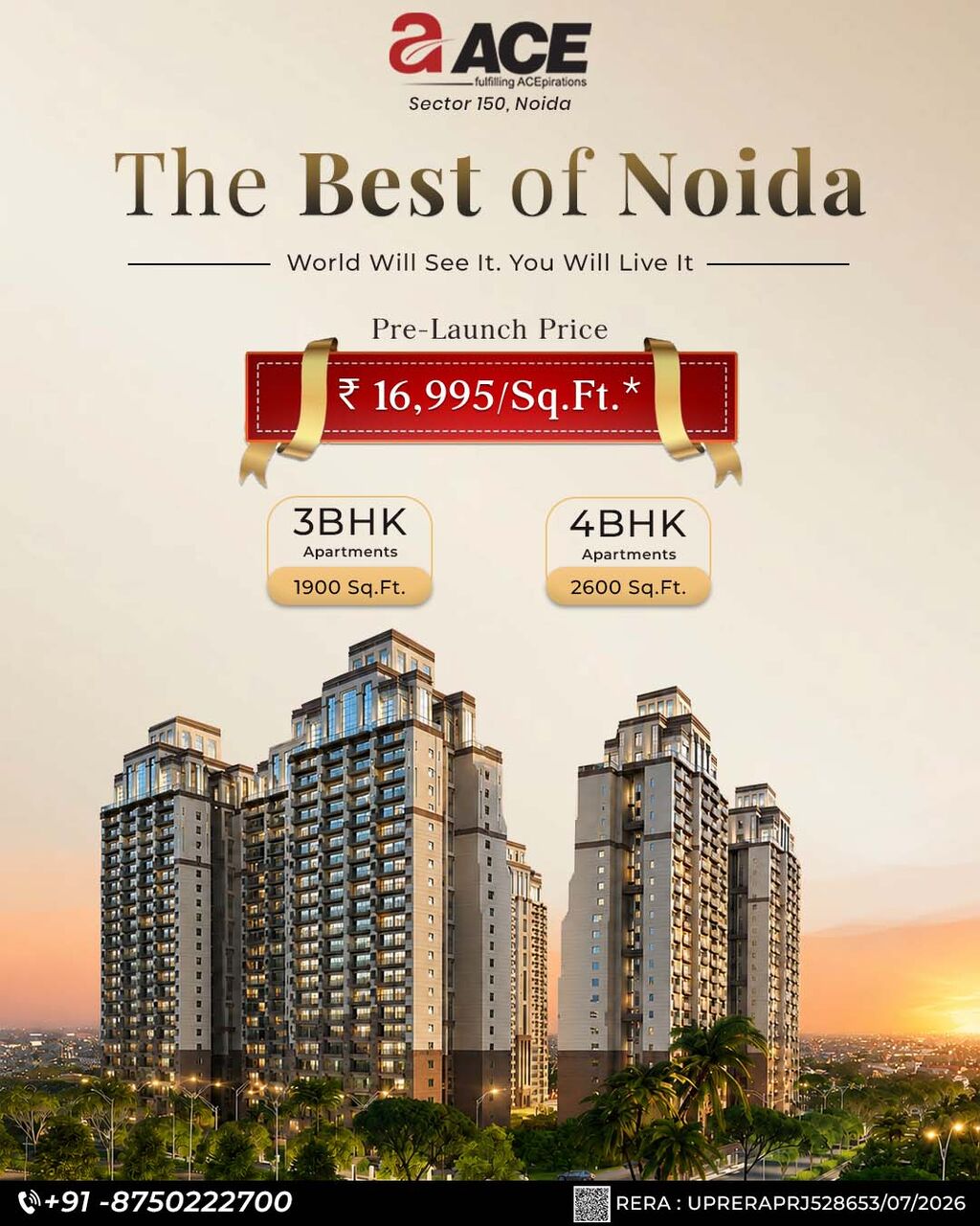 Noida, Real Estate For Sale, INR 32,  2 BR,  1900 Sq. Feet,  Ace Arte 3 Bhk Apartments In Noida Sector 150