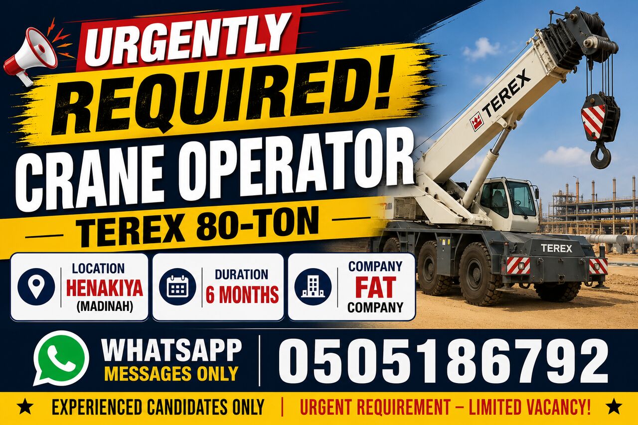 Madinah, Jobs, 🚨 URGENTLY REQUIRED – CRANE OPERATOR 🚨