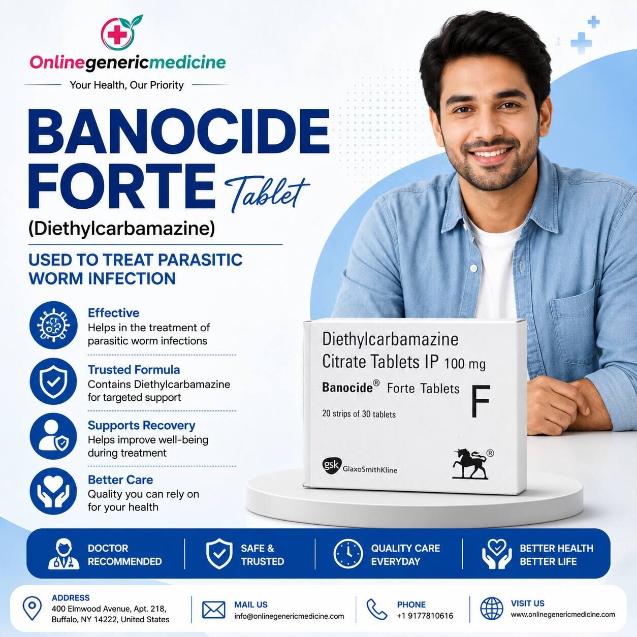 New York, Health & Beauty Items, USD 4,  Banocide Forte (Diethylcarbamazine) For Parasitic Worm Infection | Online Generic Medicine