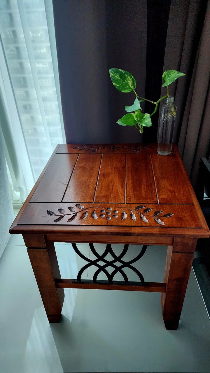 Juffair, Furniture, BHD 18,  Elegant Solid Wood Side Table W/ Carved Details & Wrought Iron Accent
