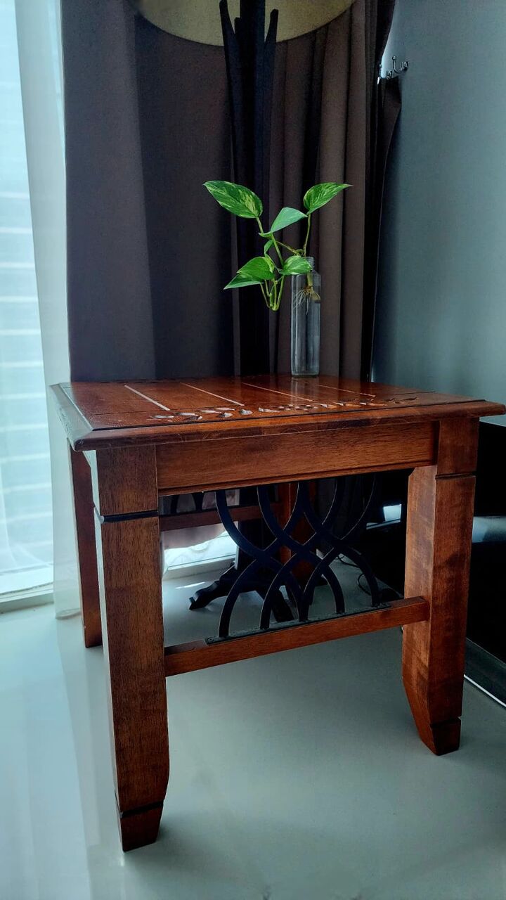 Juffair, Furniture, BHD 18,  Elegant Solid Wood Side Table W/ Carved Details & Wrought Iron Accent