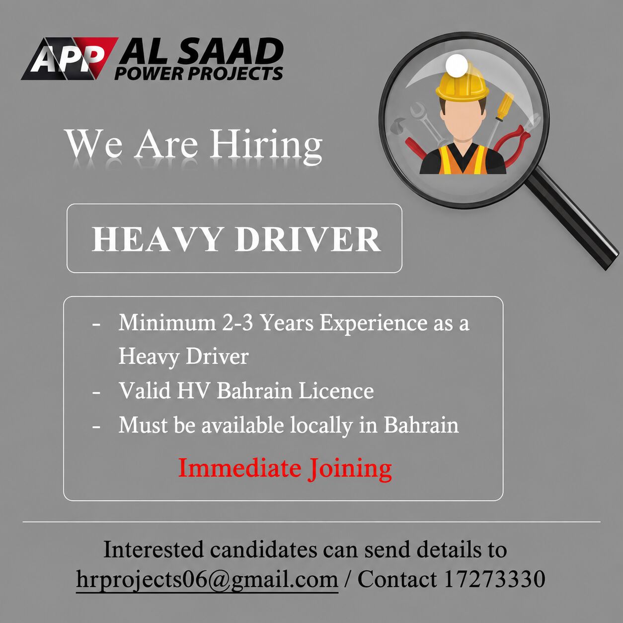 Manama, Jobs, HEAVY DRIVER