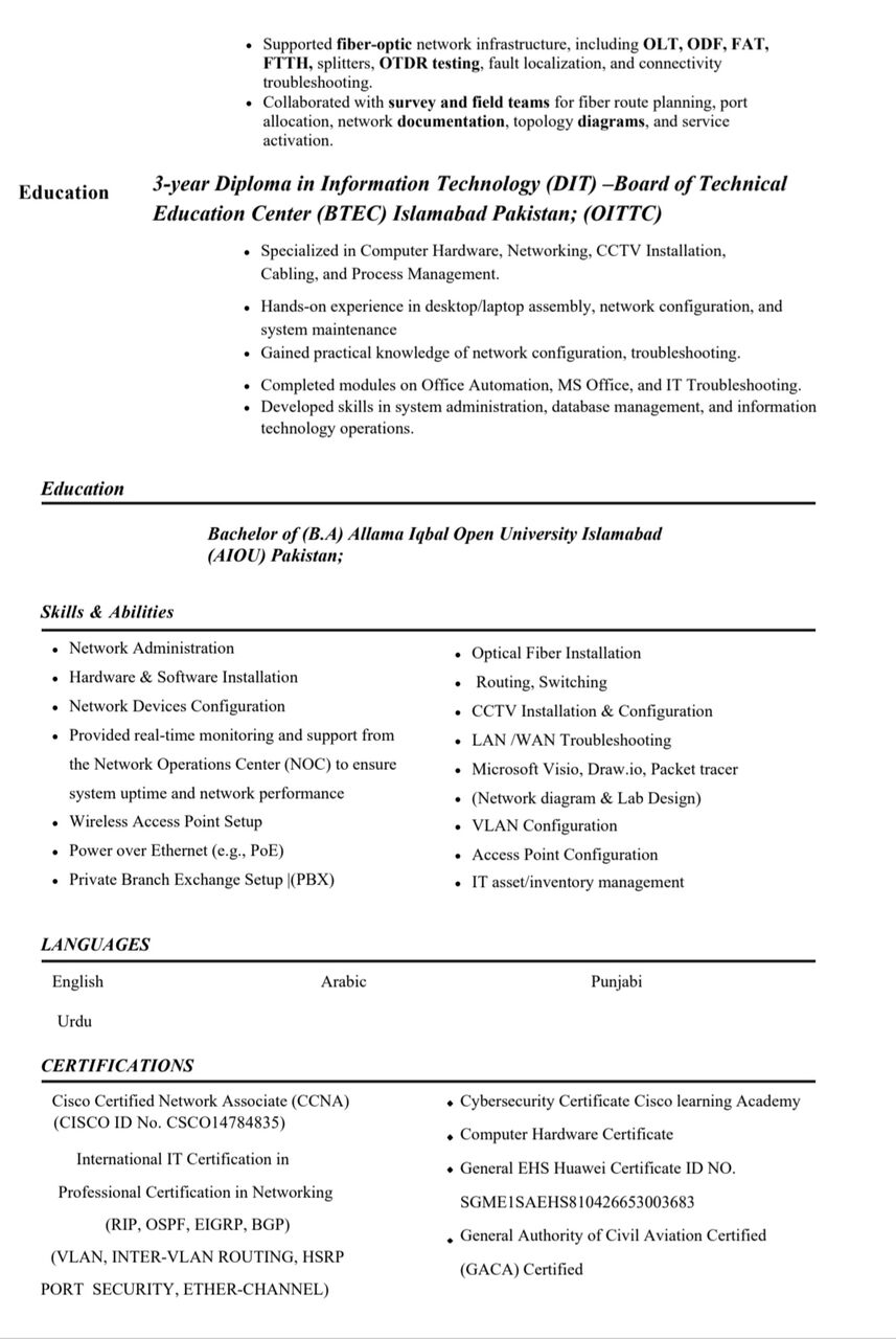 Jeddah, Job Seekers, Network Engineer & Technician | Fiber Optic |  CCTV |  ELV System