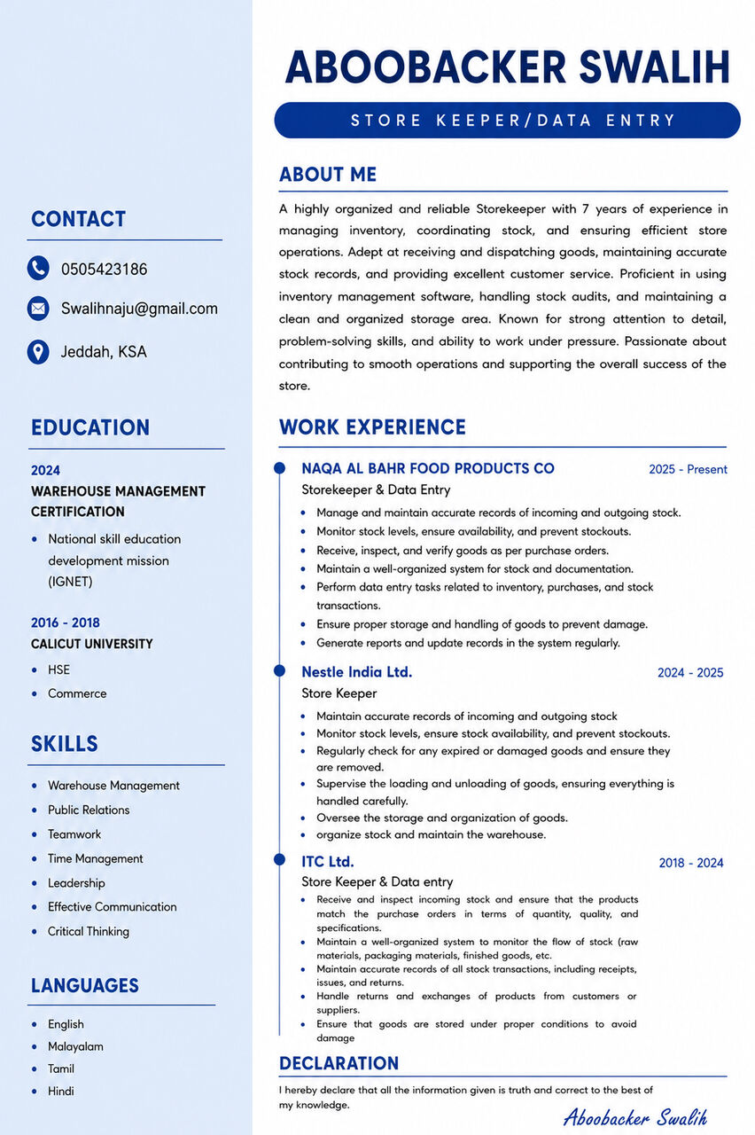 Jeddah, Job Seekers, Experienced Warehouse & Storekeeper Professional Seeking Job Opportunity