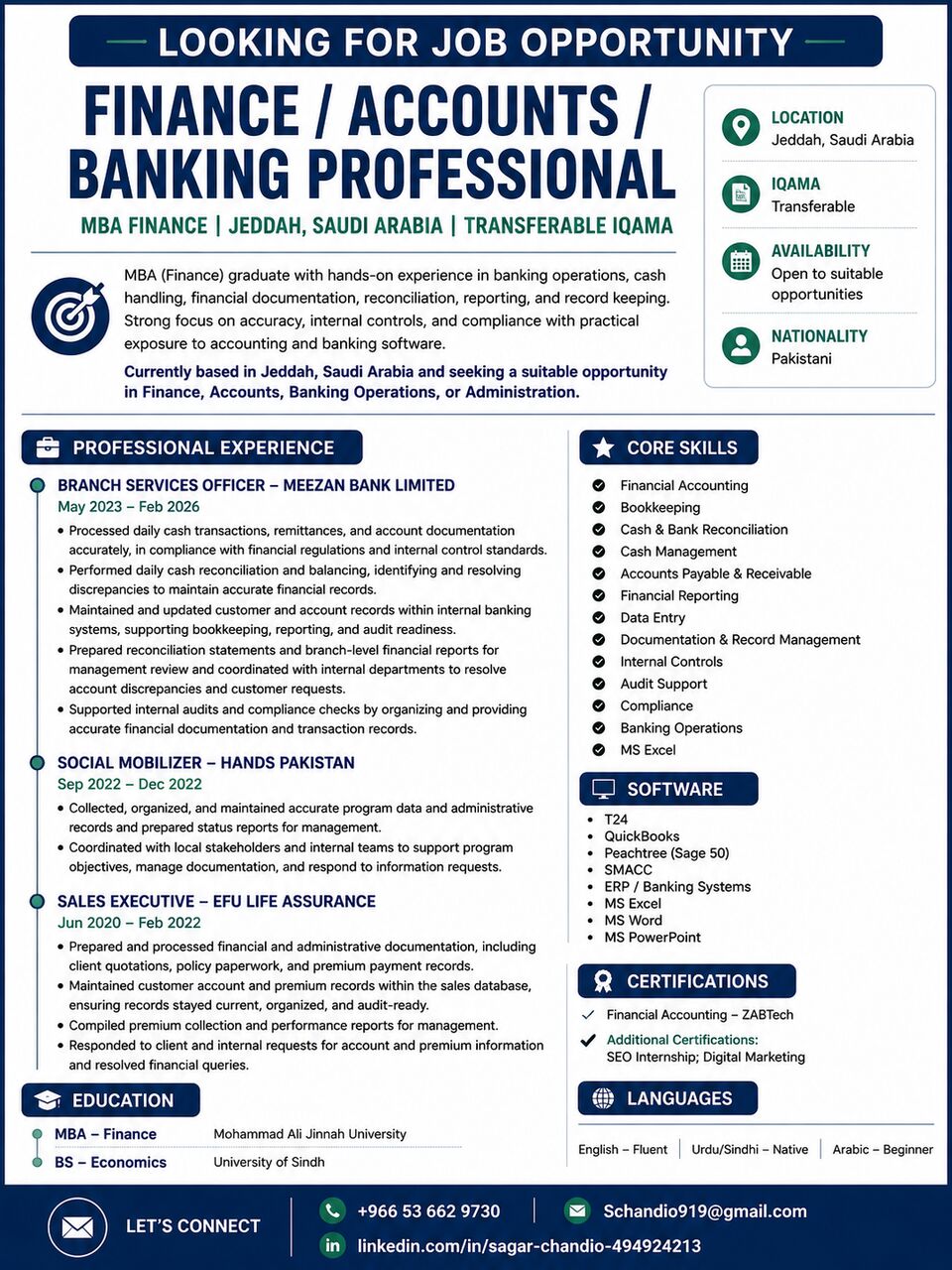 Jeddah, Job Seekers, I Need Job In Accounts/Finance/Admin/Cashier