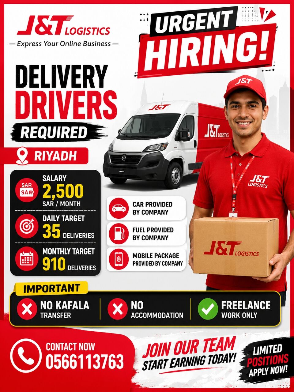 Riyadh, Jobs, J&T LOGISTICS IS HIRING Delivery Drivers No Kafala