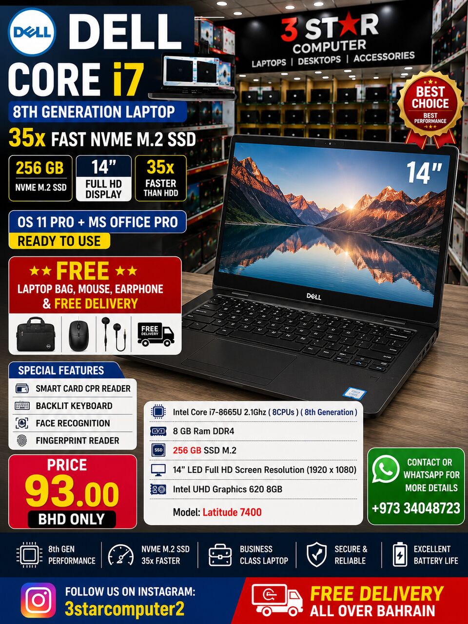 Manama, Tablet Computers, BHD 93,  DELL Core I7 8th Gen Laptop 35x Fast M.2 NVME SSD 14"FHD Display FREE Bag, Mouse, Earphone