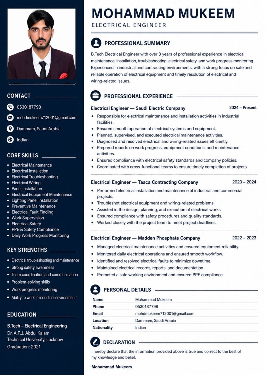 Dammam, Job Seekers, Electrical Engineer. I Have 3 Years Experience