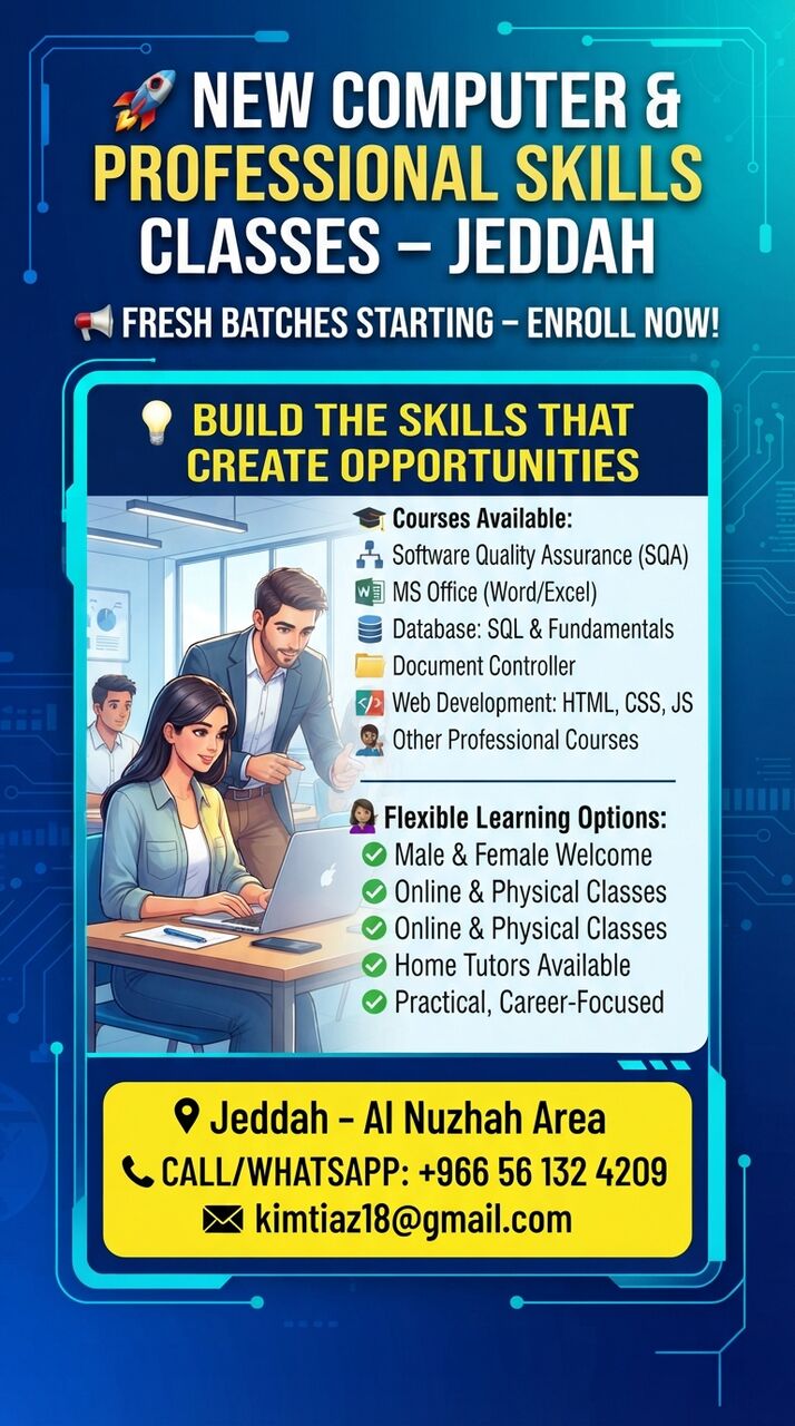 Jeddah, Jobs, New Computer & Professional Skills Classes