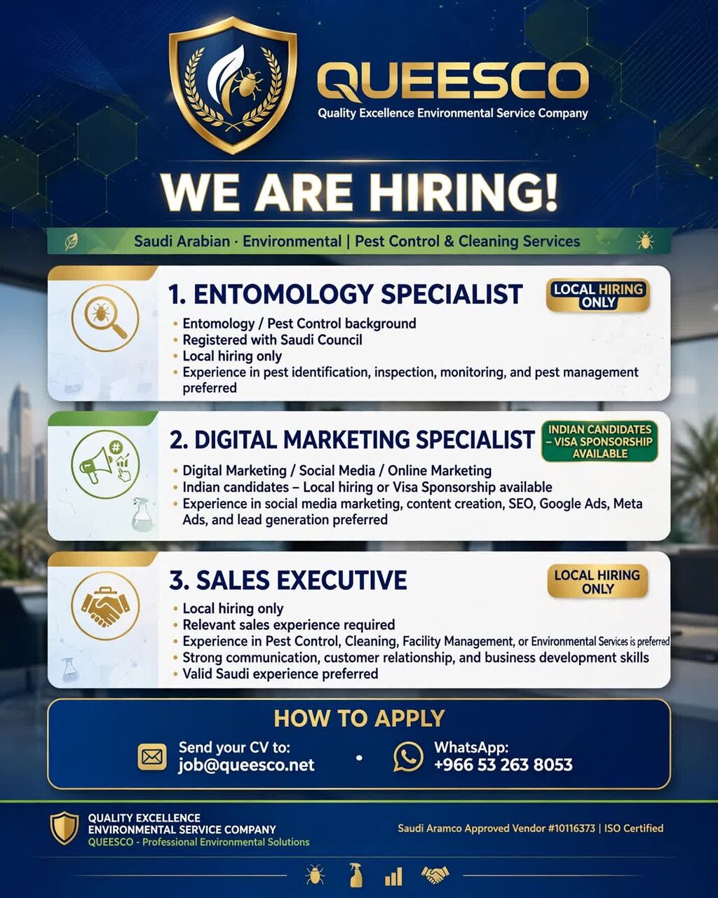 Dammam, Jobs, WE ARE HIRING At QUEESCO! ENTOMOLOGY, DIGITAL MARKETING, SALES EXECUTIVE