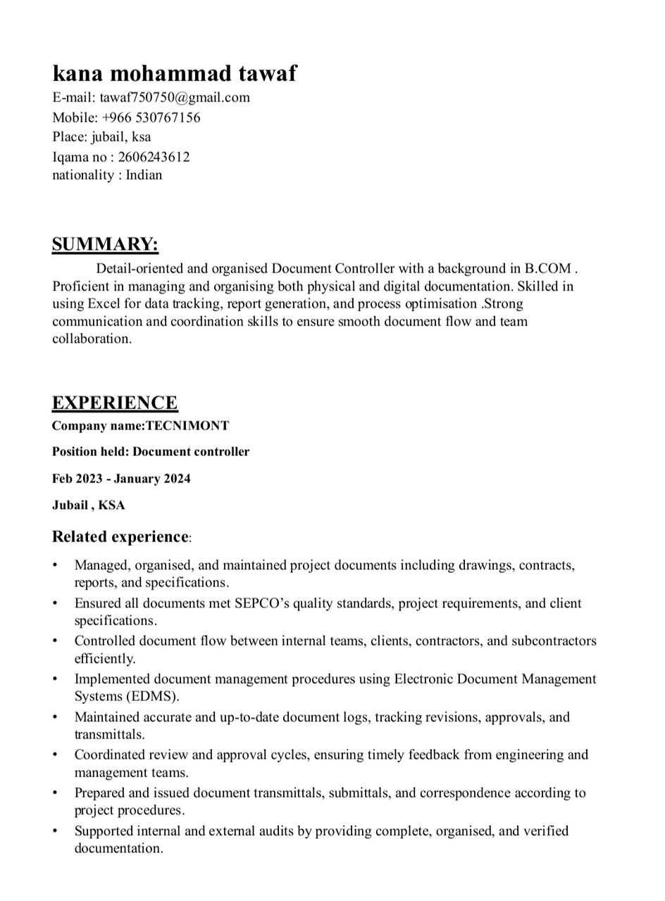Jubail, Job Seekers, Document Controller, Admin