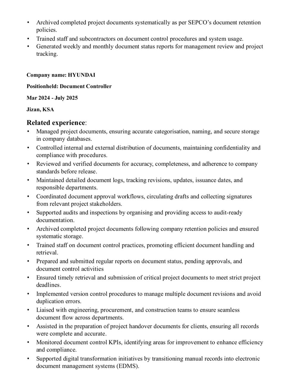Jubail, Job Seekers, Document Controller, Admin