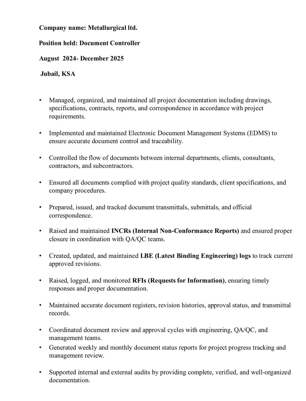 Jubail, Job Seekers, Document Controller, Admin