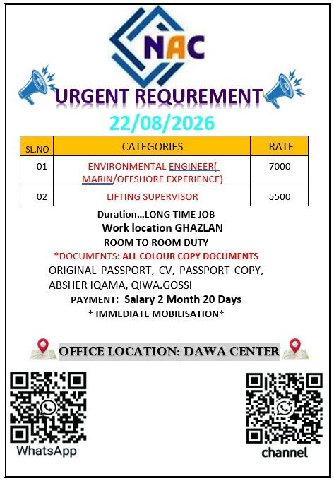 Dammam, Jobs, LIFTING SUPERVISOR - IQAMA SERIAL NEED 25/24