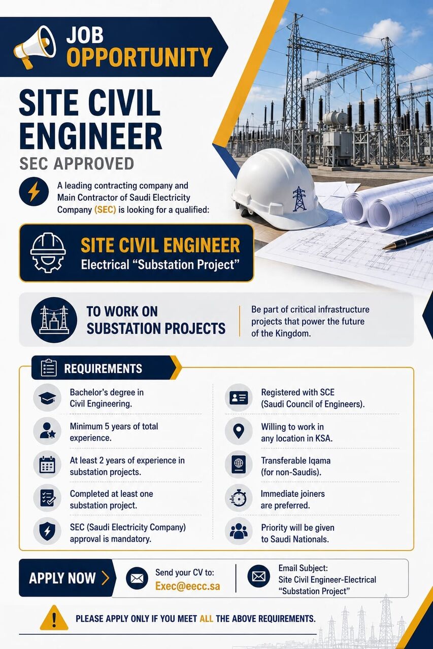 Riyadh, Jobs, Site Civil Engineer - SEC Approved