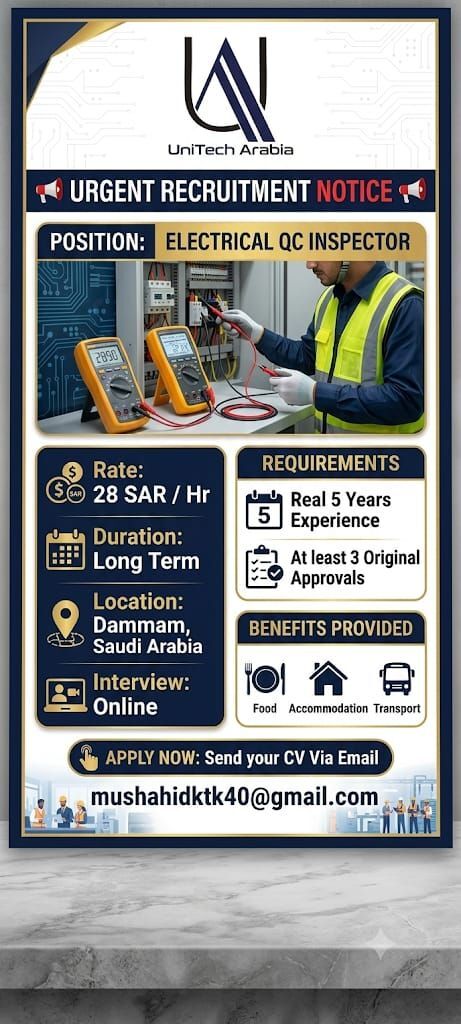 Dammam, Jobs, Professional Electrical QC Inspectors Are Required.