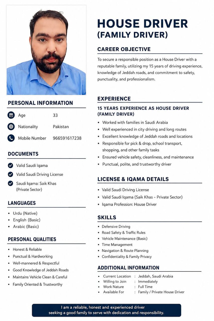 Jeddah, Job Seekers, I Want Need Job House Drive 15 Year Experience Jeddah Road