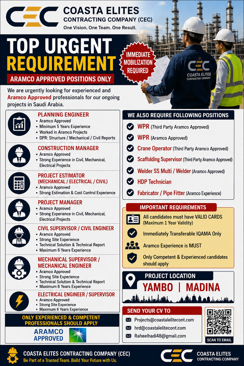 Riyadh, Jobs, 🚨 TOP URGENT REQUIREMENT – COASTA ELITES CONTRACTING COMPANY (CEC) 🚨  Immediate Recruitm