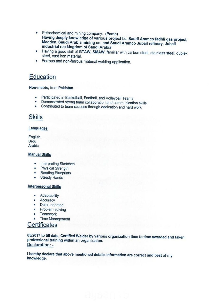 Jubail, Job Seekers, Multi Welder