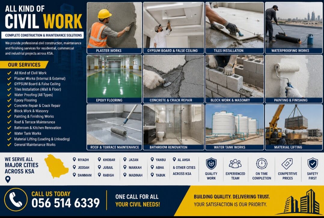 Jeddah, Construction, All Kind Of Civil Work | Plaster | GYPSUM Board | Tiles | Water Proofing |Material Lifting