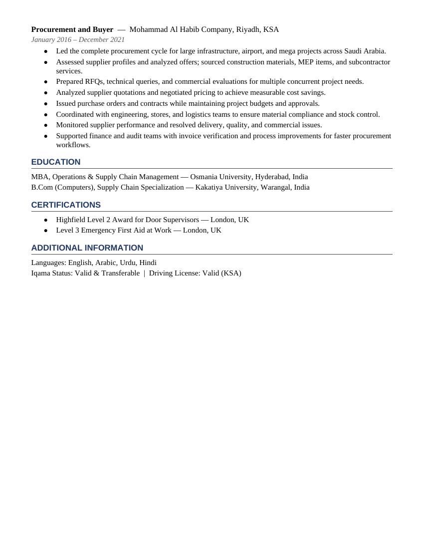Jeddah, Job Seekers, Procurement Officer | Looking For Job | Immediately Joining