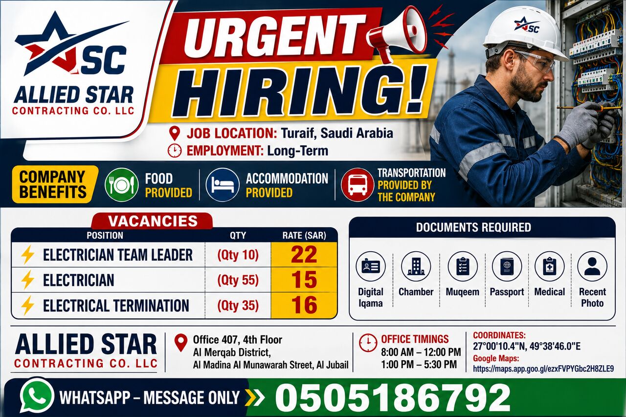 Turaif, Jobs, Urgently Required  Electrician Team Leader,Electrician,Electrical Termination