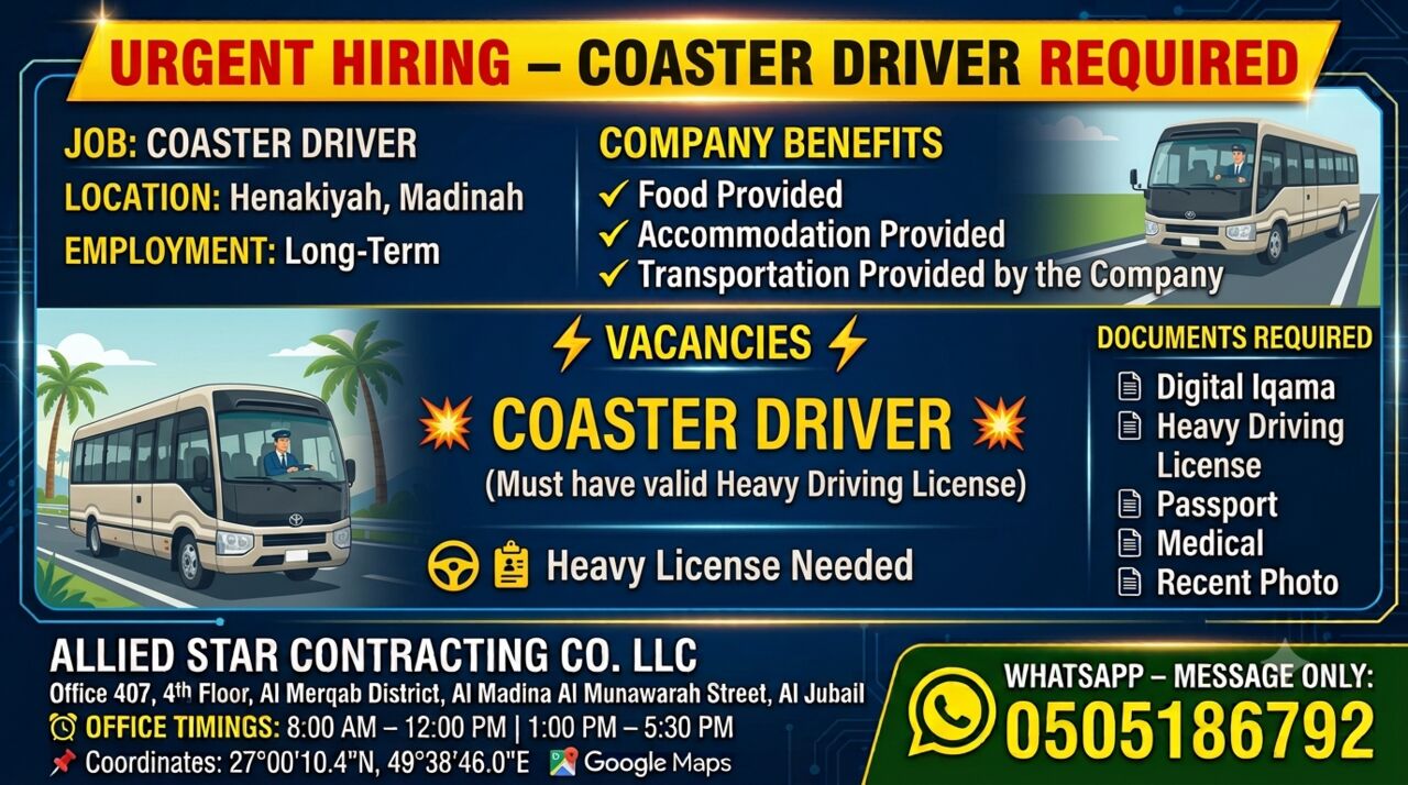 Riyadh, Jobs, 💥 URGENT HIRING – COASTER DRIVER REQUIRED 💥