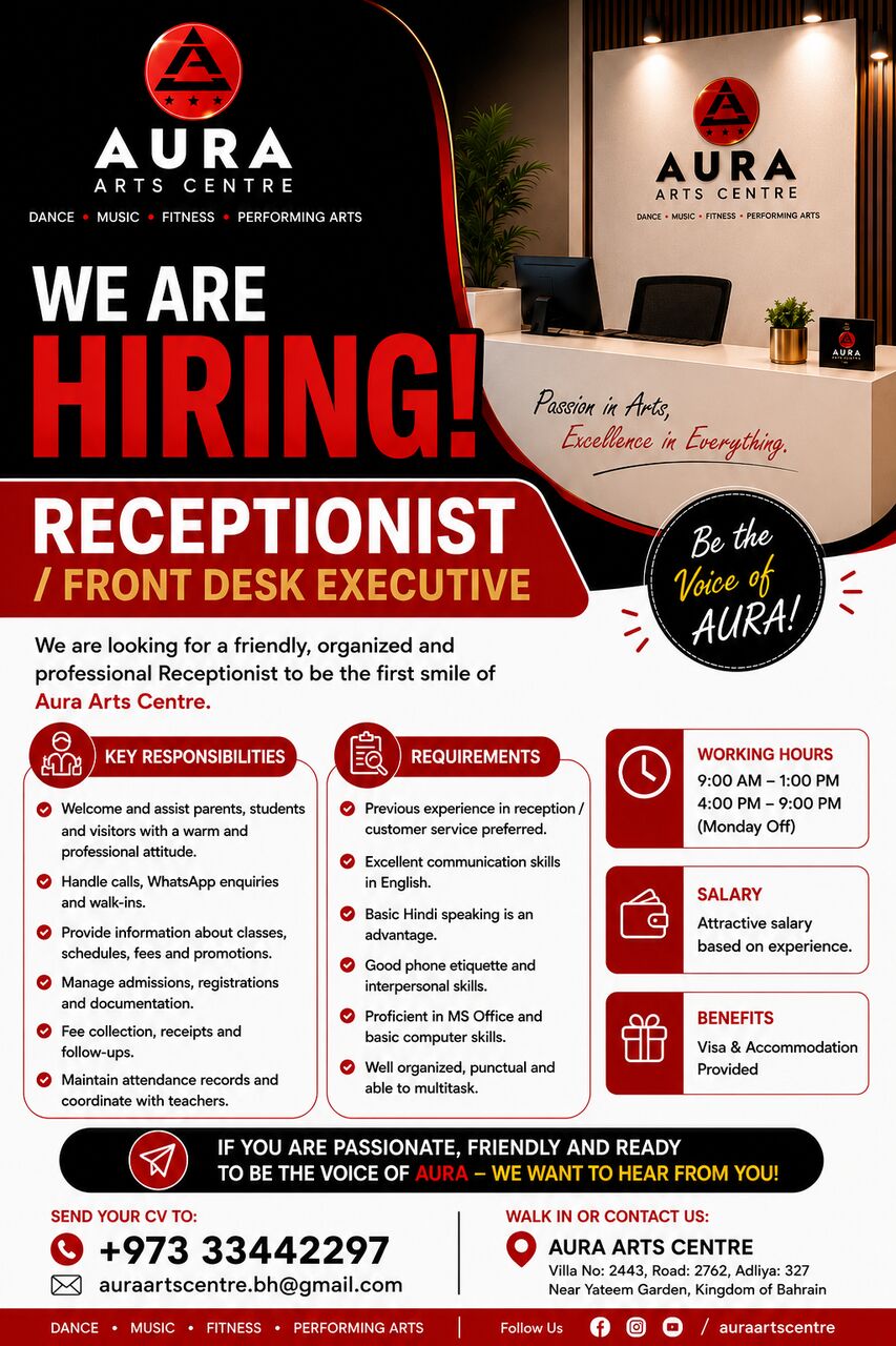 Adliya, Jobs, We&rsquo;re Hiring &ndash; Receptionist / Front Desk Executive