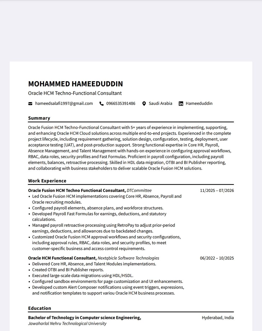 Riyadh, Job Seekers, Oracle Fusion HCM Techno Functional Consultant