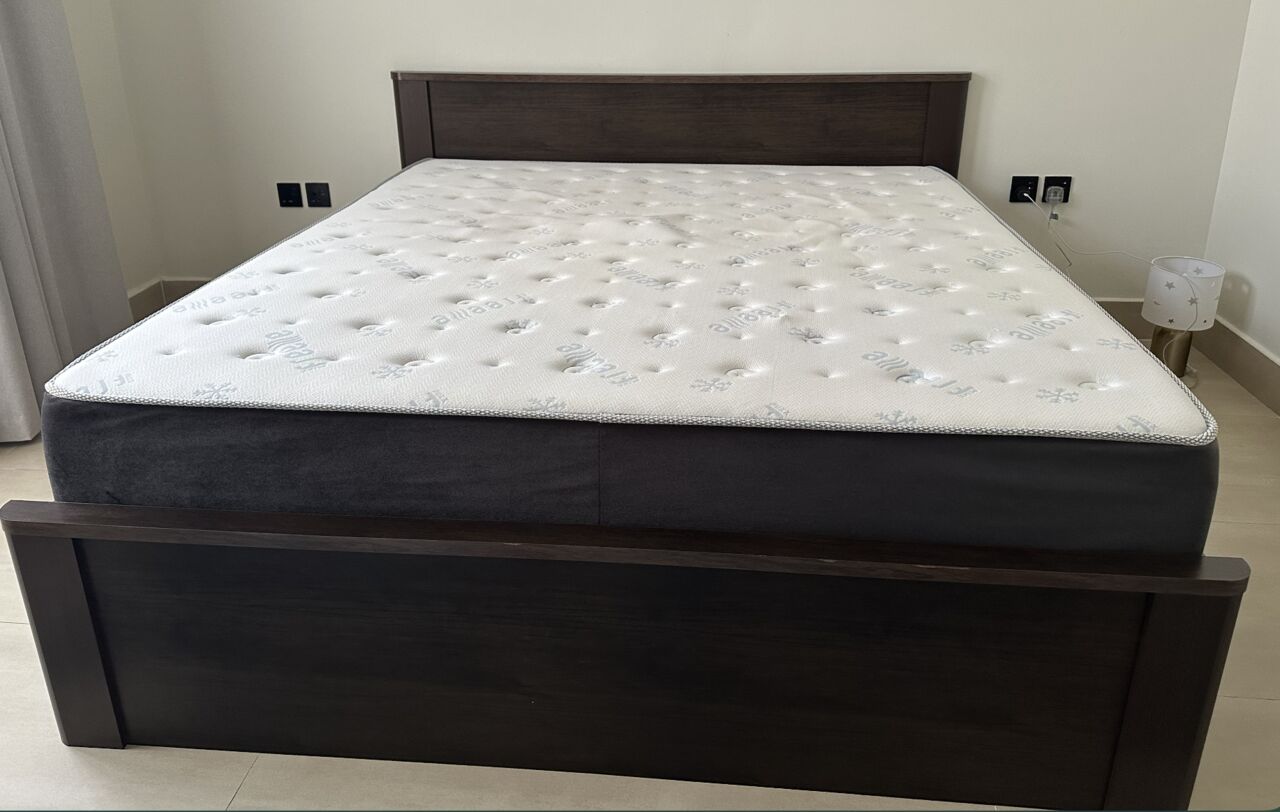 Riyadh, Furniture, SAR 1000,  King Bed Frame + Mattress (180×200) &mdash; Dark Wood