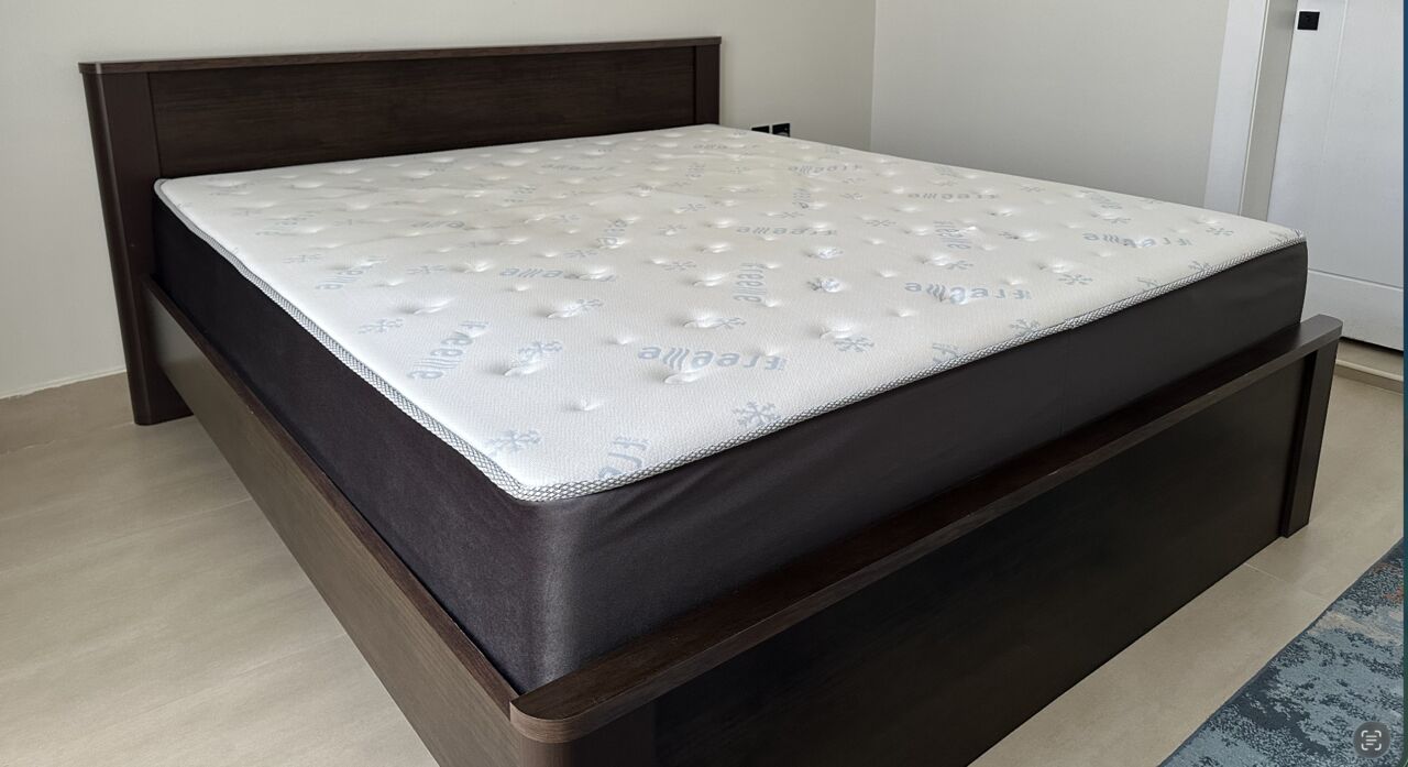 Riyadh, Furniture, SAR 1000,  King Bed Frame + Mattress (180×200) &mdash; Dark Wood